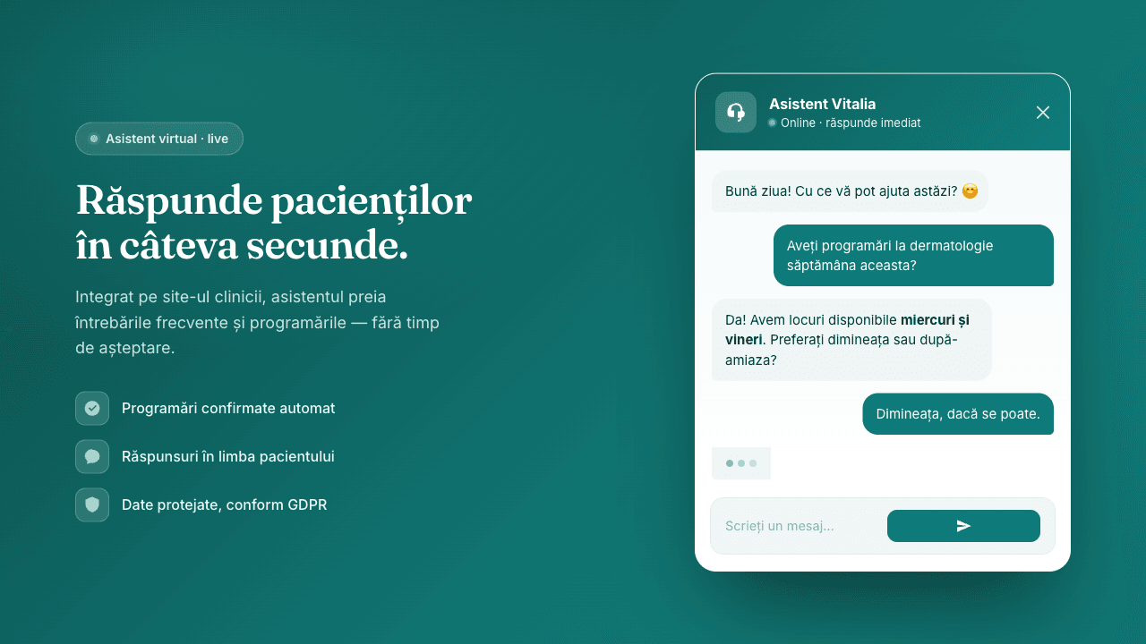 Captură de ecran: asistentul virtual răspunzând la o întrebare despre programări medicale