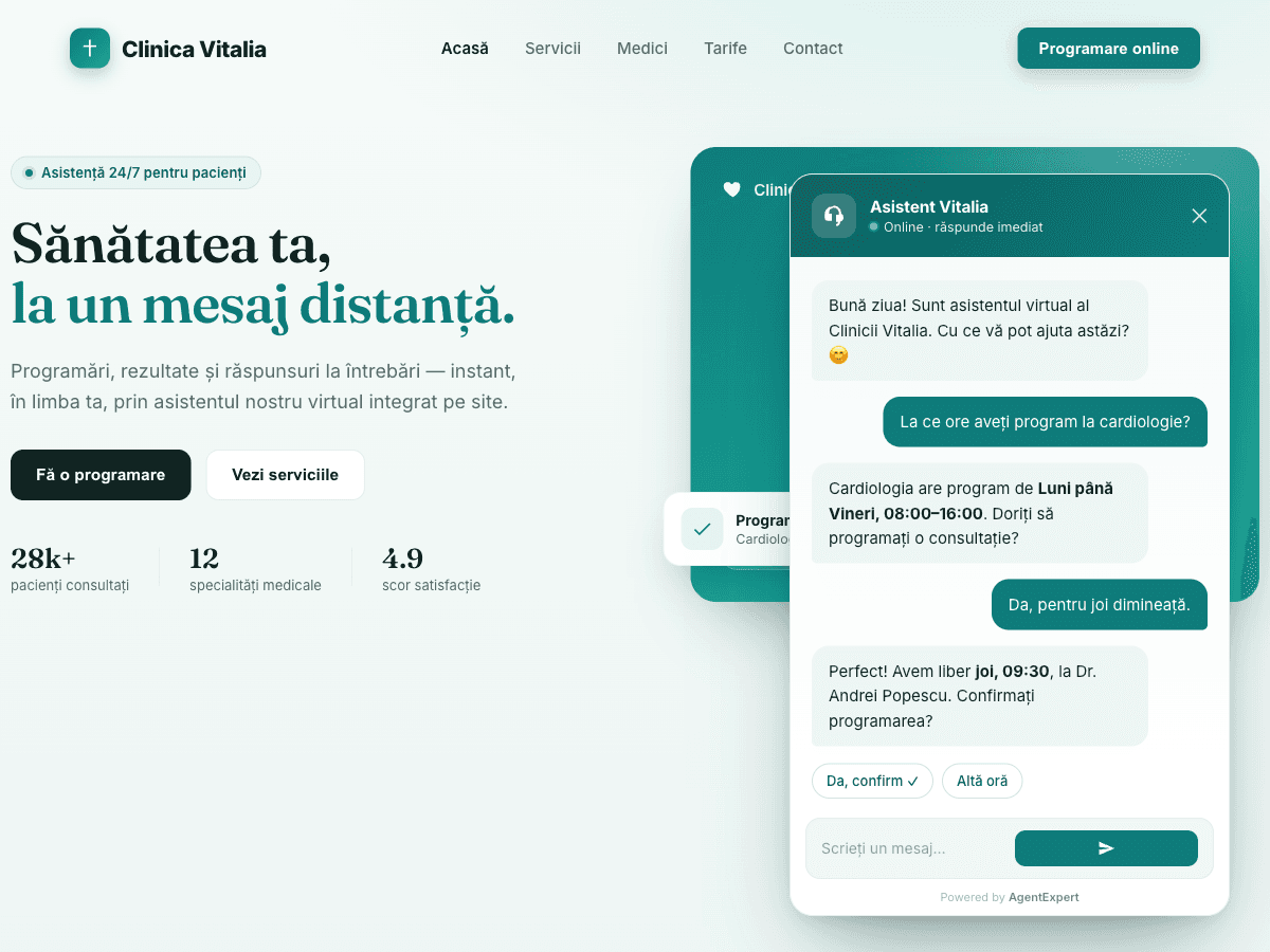 Captură de ecran: widget chatbot integrat pe site-ul unui cabinet medical